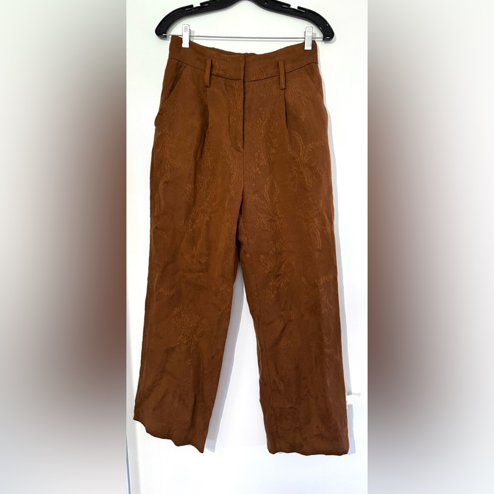 Veronica Beard Vitha Palm Jacquard Linen-Blend Wide Leg Pants - 4
